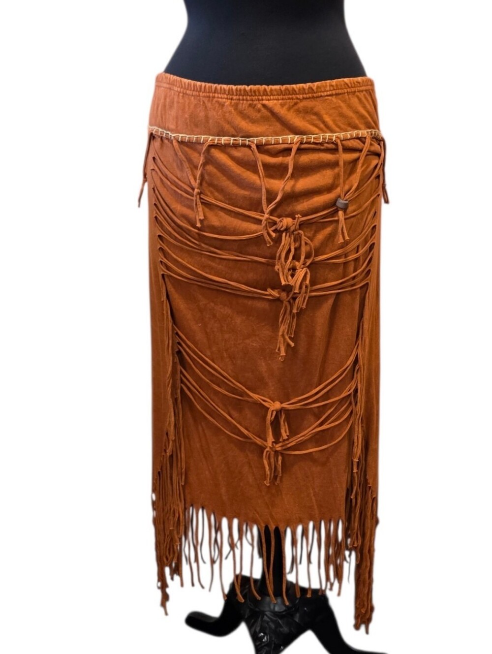 Jayli Rust Brown Fringe Midi Skirt with Tassel Detail